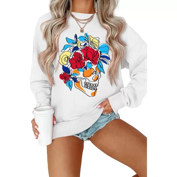 Amoretu Womens Sweatshirts Skeleton Funny Graphic Casual Long Sleeve Top Novelty Horror Pullover ShirtsWhiteRed Skull Flower