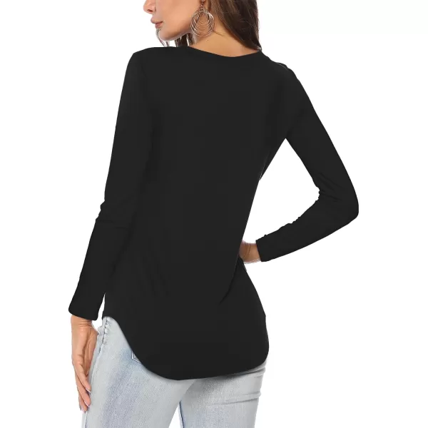Amoretu Womens T Shirts V Neck Long Sleeve Tshirt Basic Tee Curved Hem TopsBlack Pumpkin