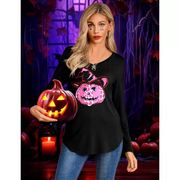 Amoretu Womens T Shirts V Neck Long Sleeve Tshirt Basic Tee Curved Hem TopsBlack Pumpkin