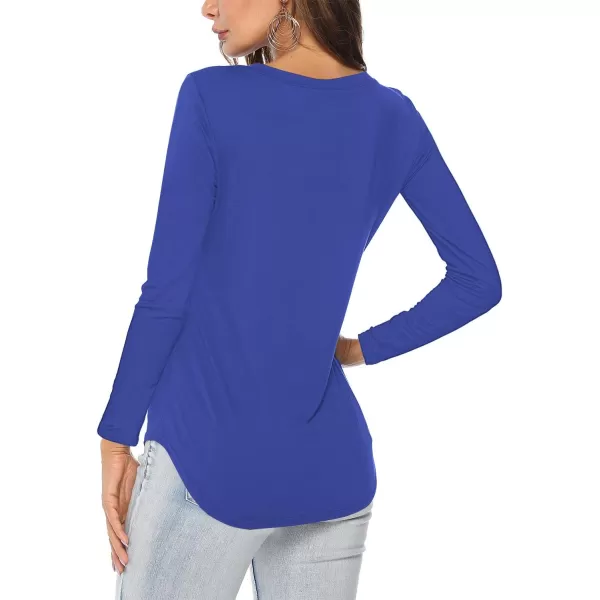 Amoretu Womens T Shirts V Neck Long Sleeve Tshirt Basic Tee Curved Hem TopsBlue
