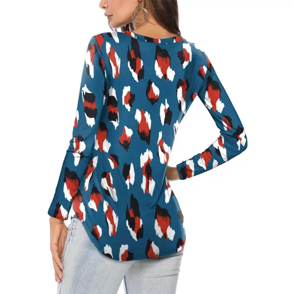 Amoretu Womens T Shirts V Neck Long Sleeve Tshirt Basic Tee Curved Hem TopsBlue Leopard