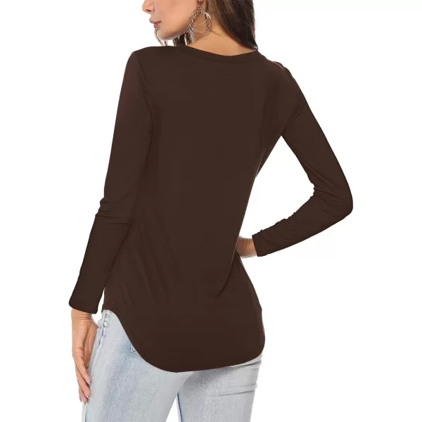 Amoretu Womens T Shirts V Neck Long Sleeve Tshirt Basic Tee Curved Hem TopsBrown