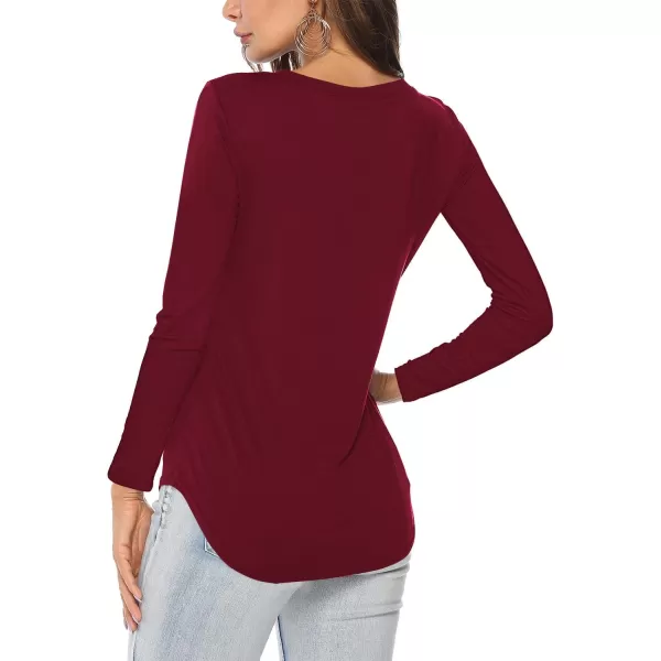 Amoretu Womens T Shirts V Neck Long Sleeve Tshirt Basic Tee Curved Hem TopsBurgundy