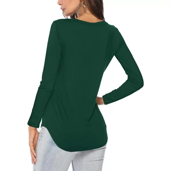 Amoretu Womens T Shirts V Neck Long Sleeve Tshirt Basic Tee Curved Hem TopsDark Green