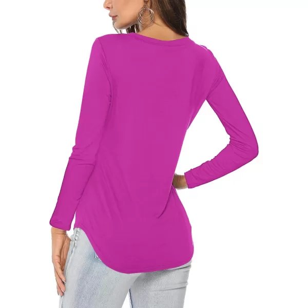 Amoretu Womens T Shirts V Neck Long Sleeve Tshirt Basic Tee Curved Hem TopsFuschia