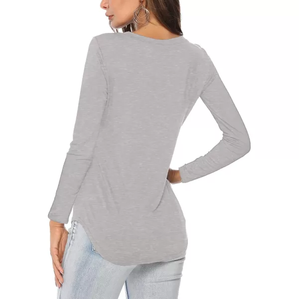 Amoretu Womens T Shirts V Neck Long Sleeve Tshirt Basic Tee Curved Hem TopsGray