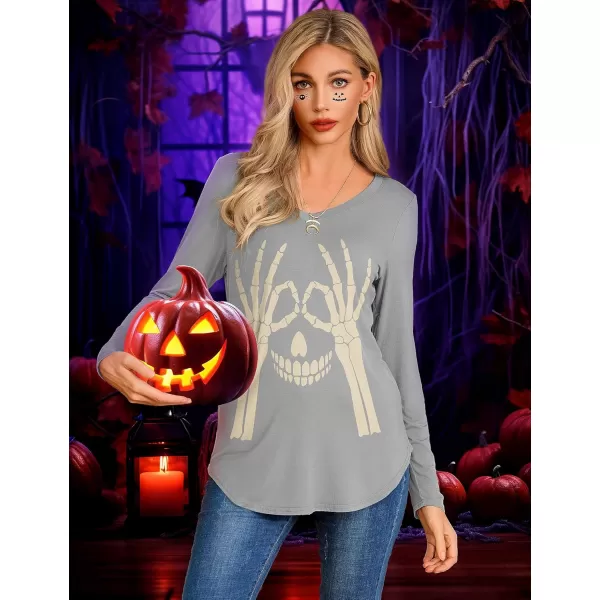 Amoretu Womens T Shirts V Neck Long Sleeve Tshirt Basic Tee Curved Hem TopsGray Skull