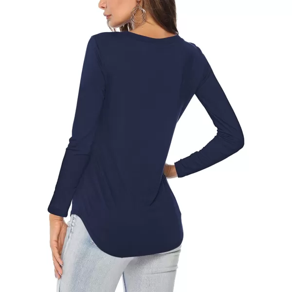 Amoretu Womens T Shirts V Neck Long Sleeve Tshirt Basic Tee Curved Hem TopsNavy