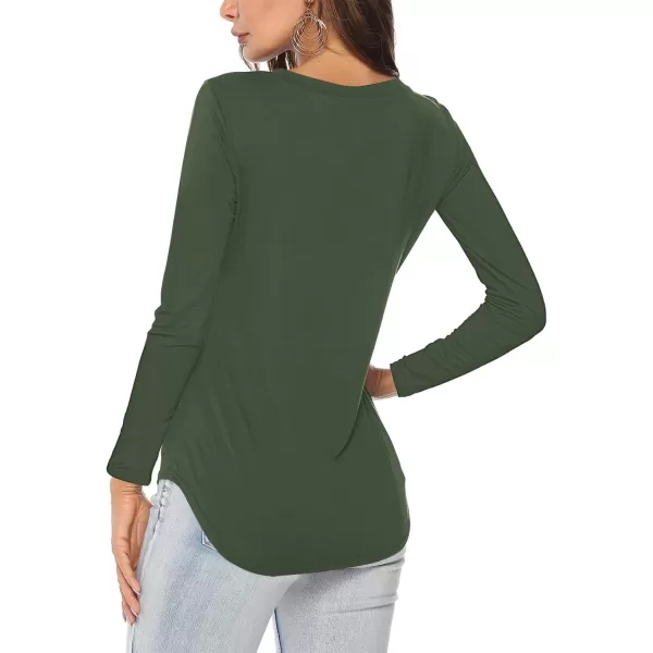 Amoretu Womens T Shirts V Neck Long Sleeve Tshirt Basic Tee Curved Hem TopsOlive Green