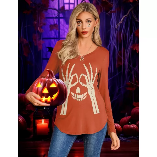 Amoretu Womens T Shirts V Neck Long Sleeve Tshirt Basic Tee Curved Hem TopsOrange Skull