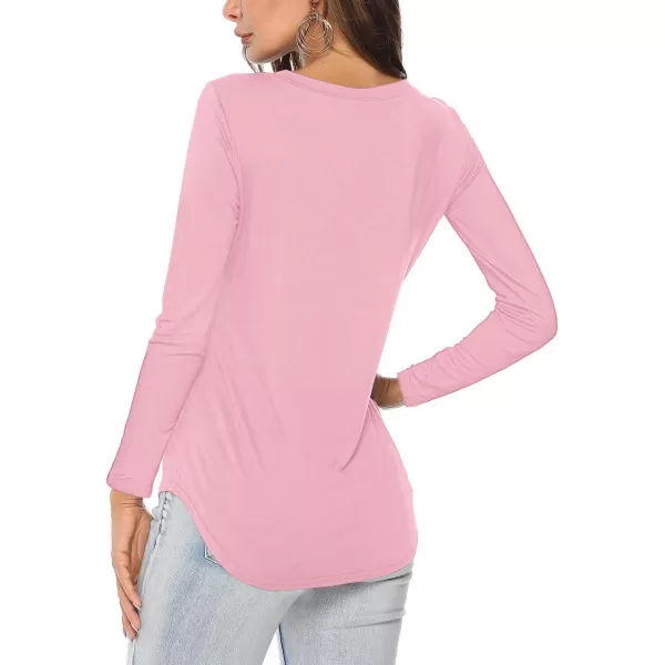 Amoretu Womens T Shirts V Neck Long Sleeve Tshirt Basic Tee Curved Hem TopsPink