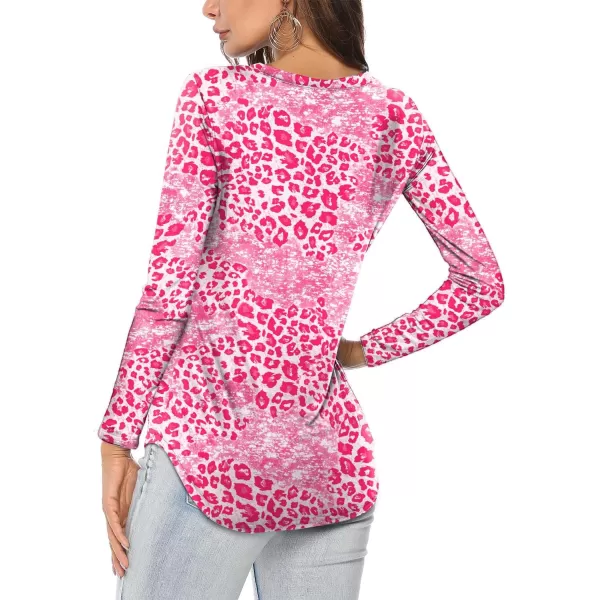 Amoretu Womens T Shirts V Neck Long Sleeve Tshirt Basic Tee Curved Hem TopsPink Leopard