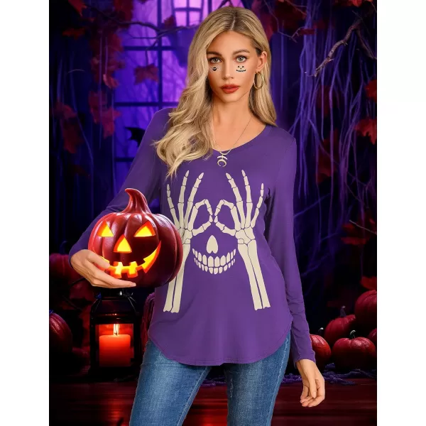 Amoretu Womens T Shirts V Neck Long Sleeve Tshirt Basic Tee Curved Hem TopsPurple Skull