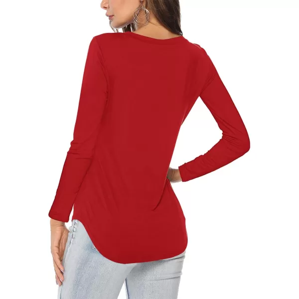 Amoretu Womens T Shirts V Neck Long Sleeve Tshirt Basic Tee Curved Hem TopsRed