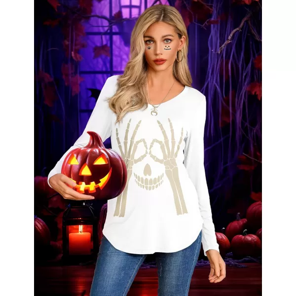 Amoretu Womens T Shirts V Neck Long Sleeve Tshirt Basic Tee Curved Hem TopsWhite Skull