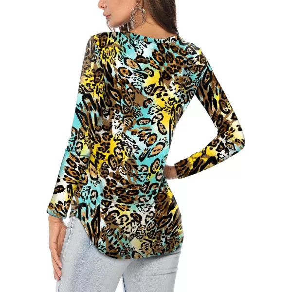 Amoretu Womens T Shirts V Neck Long Sleeve Tshirt Basic Tee Curved Hem TopsYellow Leopard