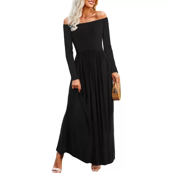 Amoretu Dresses for Women Long Sleeve Off Shoulder Maxi Flowy Casual Loose Plain Dress with PocketsBlack