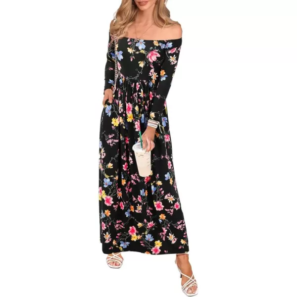 Amoretu Dresses for Women Long Sleeve Off Shoulder Maxi Flowy Casual Loose Plain Dress with PocketsBlack Pink Purple Flowers