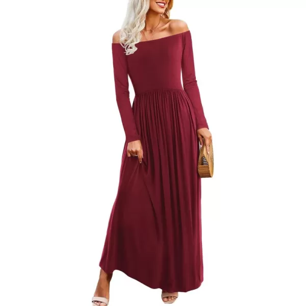 Amoretu Dresses for Women Long Sleeve Off Shoulder Maxi Flowy Casual Loose Plain Dress with PocketsClaret