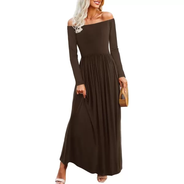 Amoretu Dresses for Women Long Sleeve Off Shoulder Maxi Flowy Casual Loose Plain Dress with PocketsCoffee