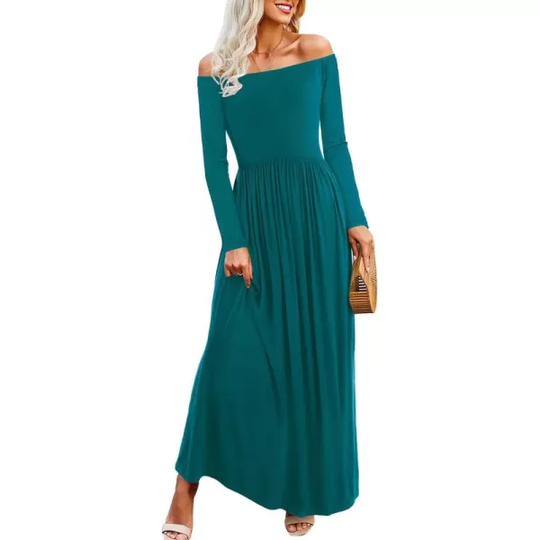 Amoretu Dresses for Women Long Sleeve Off Shoulder Maxi Flowy Casual Loose Plain Dress with PocketsDark Green