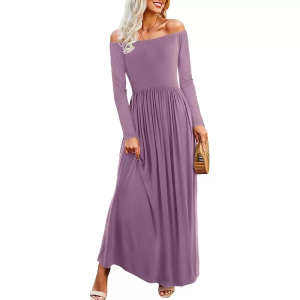 Amoretu Dresses for Women Long Sleeve Off Shoulder Maxi Flowy Casual Loose Plain Dress with PocketsMauve