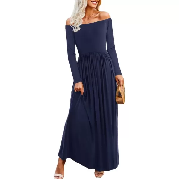 Amoretu Dresses for Women Long Sleeve Off Shoulder Maxi Flowy Casual Loose Plain Dress with PocketsNavy Blue