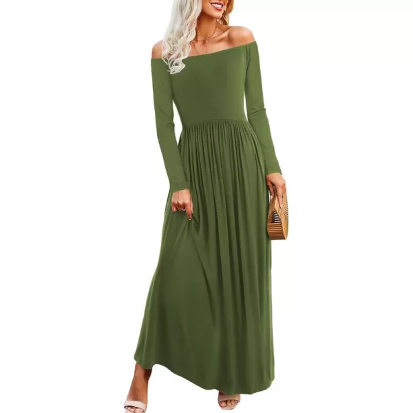 Amoretu Dresses for Women Long Sleeve Off Shoulder Maxi Flowy Casual Loose Plain Dress with PocketsOlive Green