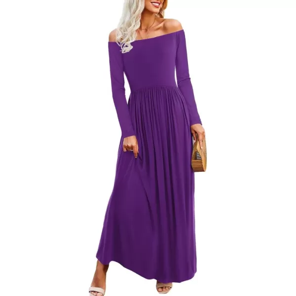 Amoretu Dresses for Women Long Sleeve Off Shoulder Maxi Flowy Casual Loose Plain Dress with PocketsPurple