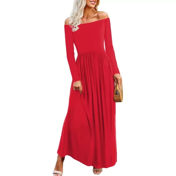 Amoretu Dresses for Women Long Sleeve Off Shoulder Maxi Flowy Casual Loose Plain Dress with PocketsRed