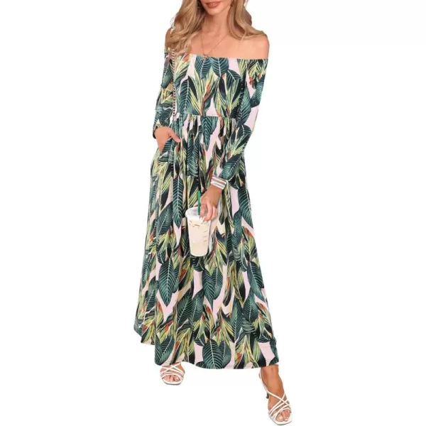 Amoretu Dresses for Women Long Sleeve Off Shoulder Maxi Flowy Casual Loose Plain Dress with PocketsWhite Peacock Blue Palm Leaves