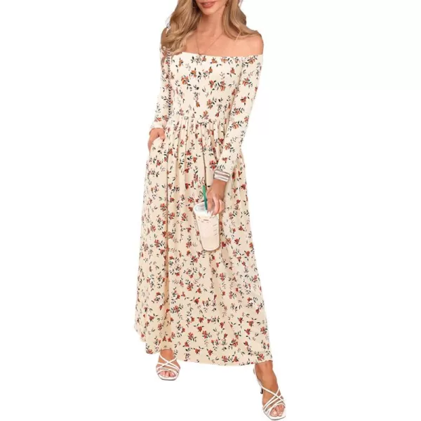 Amoretu Dresses for Women Long Sleeve Off Shoulder Maxi Flowy Casual Loose Plain Dress with PocketsWhite Red Branch