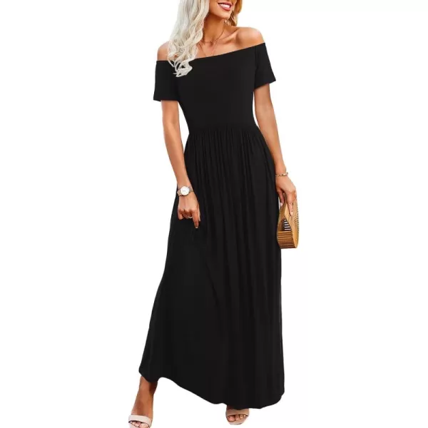 Amoretu Dresses for Women Short Sleeve Off Shoulder Maxi Flowy Casual Loose Plain Dress with PocketsBlack