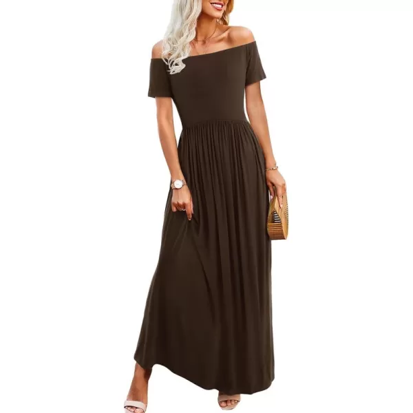 Amoretu Dresses for Women Short Sleeve Off Shoulder Maxi Flowy Casual Loose Plain Dress with PocketsBrown