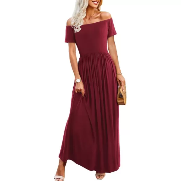 Amoretu Dresses for Women Short Sleeve Off Shoulder Maxi Flowy Casual Loose Plain Dress with PocketsBurgundy