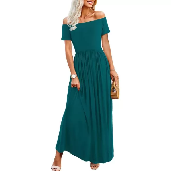 Amoretu Dresses for Women Short Sleeve Off Shoulder Maxi Flowy Casual Loose Plain Dress with PocketsDark Green