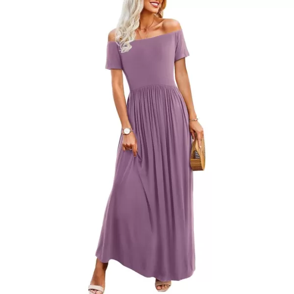 Amoretu Dresses for Women Short Sleeve Off Shoulder Maxi Flowy Casual Loose Plain Dress with PocketsMauve