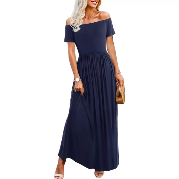 Amoretu Dresses for Women Short Sleeve Off Shoulder Maxi Flowy Casual Loose Plain Dress with PocketsNavy Blue