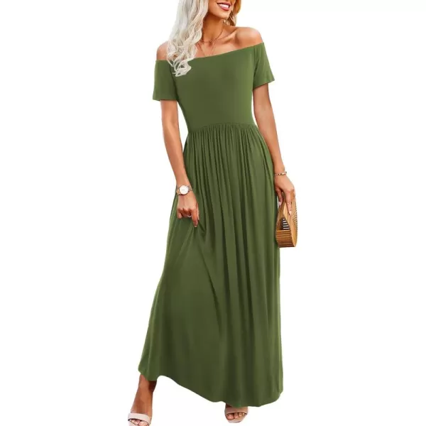 Amoretu Dresses for Women Short Sleeve Off Shoulder Maxi Flowy Casual Loose Plain Dress with PocketsOlive Green