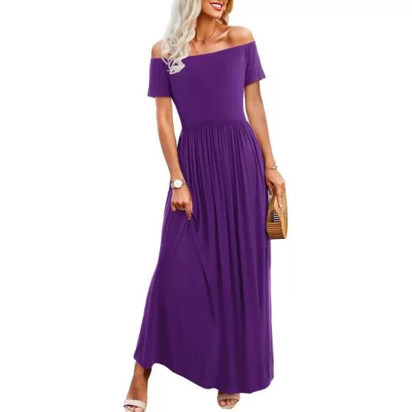 Amoretu Dresses for Women Short Sleeve Off Shoulder Maxi Flowy Casual Loose Plain Dress with PocketsPurple