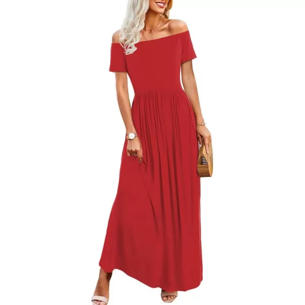 Amoretu Dresses for Women Short Sleeve Off Shoulder Maxi Flowy Casual Loose Plain Dress with PocketsRed