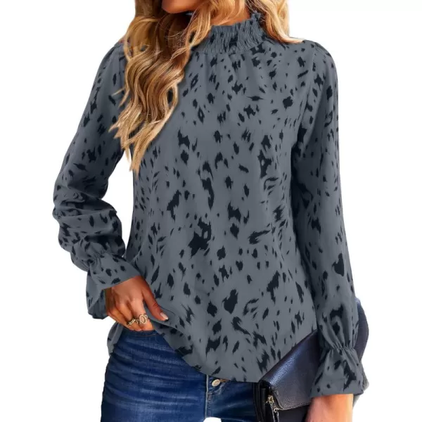 Amoretu Women Leopard Print Shirts Mock Neck Long Sleeve Blouse Work TopsBlue