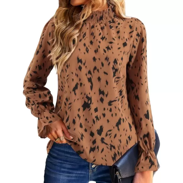 Amoretu Women Leopard Print Shirts Mock Neck Long Sleeve Blouse Work TopsDark Brown