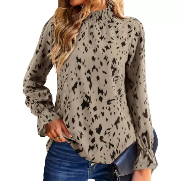 Amoretu Women Leopard Print Shirts Mock Neck Long Sleeve Blouse Work TopsKhaki