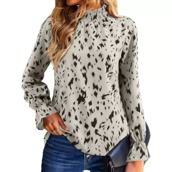 Amoretu Women Leopard Print Shirts Mock Neck Long Sleeve Blouse Work TopsWhite