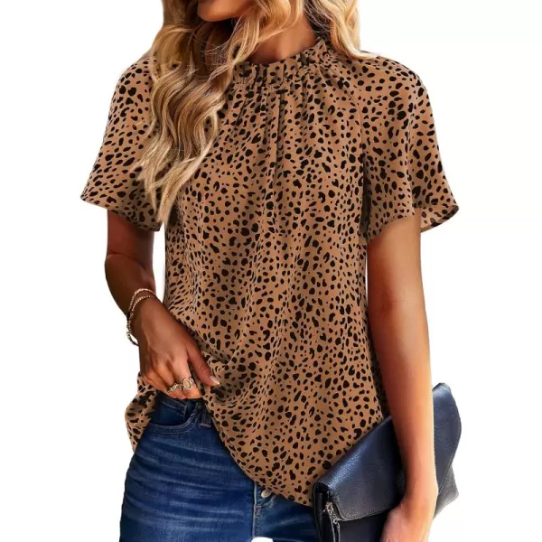 Amoretu Women Leopard Print Shirts Mock Neck Short Sleeve Blouse Work TopsBrown Short Sleeve