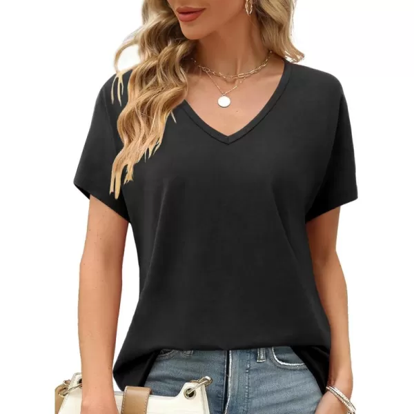 Amoretu Womens Short Sleeve Shirts Summer Casual V Neck Tops Loose Fit Tee ShirtsBlack