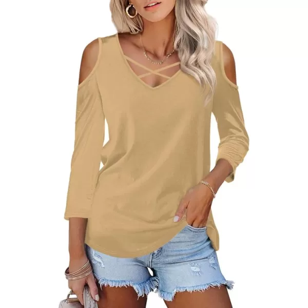 Amoretu Womens Summer Shirts 34 Long Sleeve V Neck Criss Cross Cold Shoulder Tops BlouseBeige