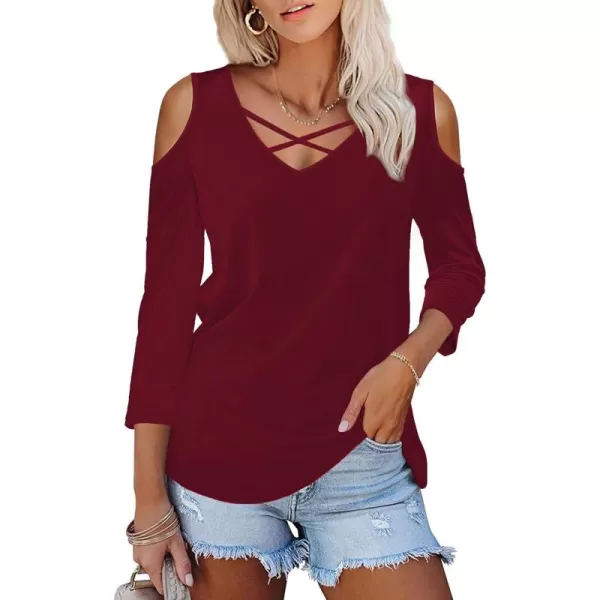Amoretu Womens Summer Shirts 34 Long Sleeve V Neck Criss Cross Cold Shoulder Tops BlouseBurgundy Red