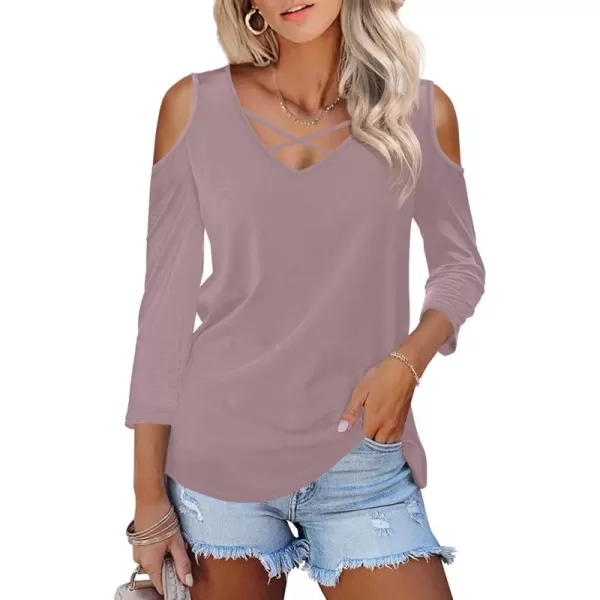 Amoretu Womens Summer Shirts 34 Long Sleeve V Neck Criss Cross Cold Shoulder Tops BlouseGray Purple